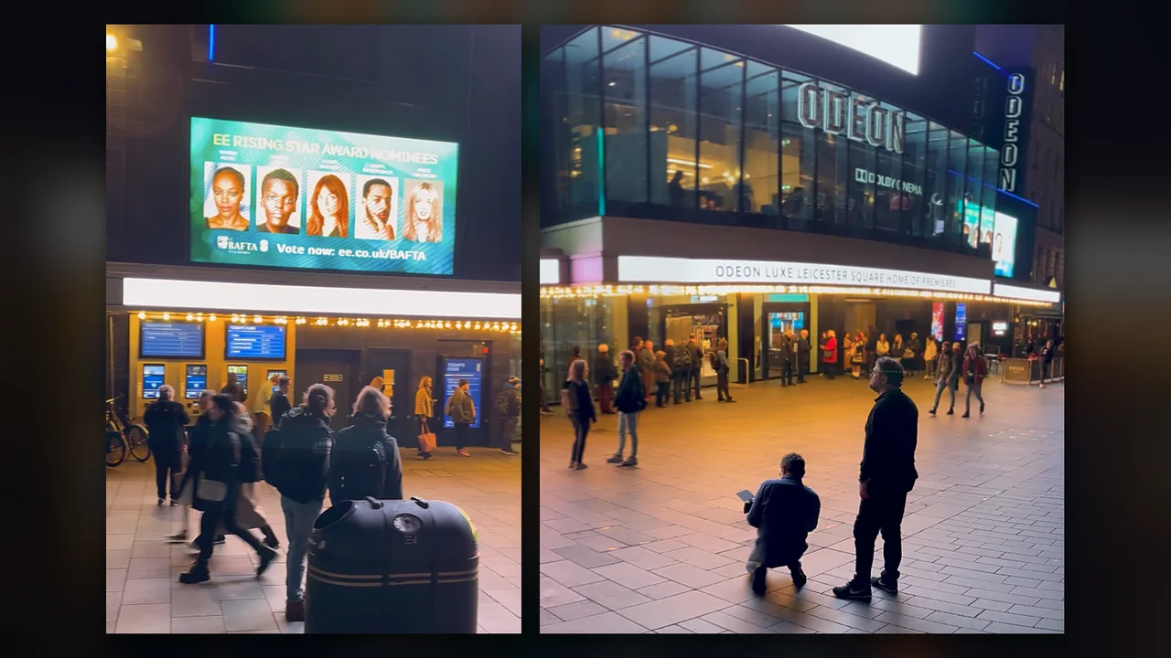 EE BAFTA Rising Star nominees screen and the ODEON Luxe Leicester Square front of house at night